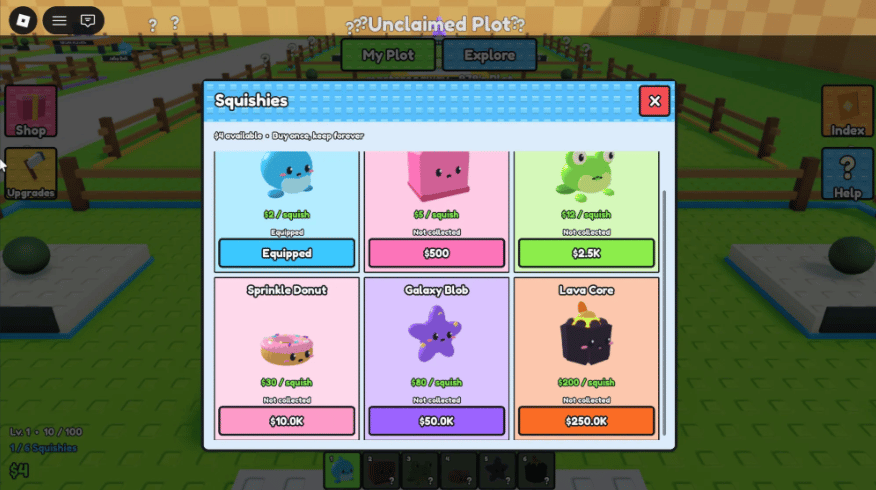 Roblox squishy collection and plot system