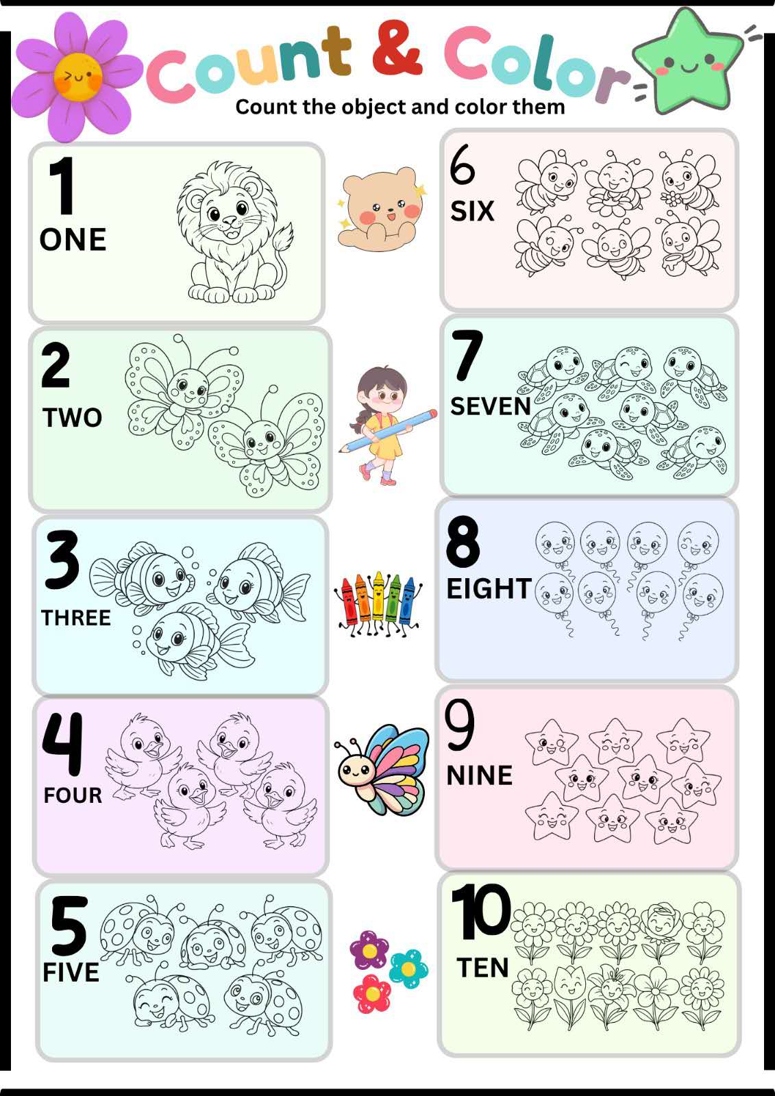 Printable preschool counting activity book with numbers 1–20, counting objects, tracing and coloring activities