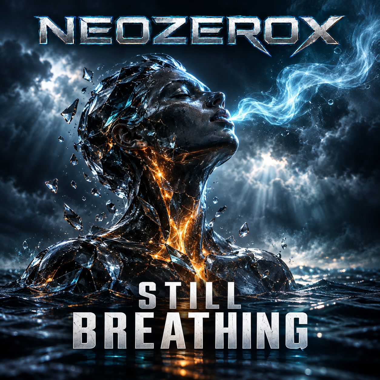 Cover artwork for Still Breathing by NEOZEROX, featuring a dark figure with glowing orange cracks, stormy water and blue lightning.