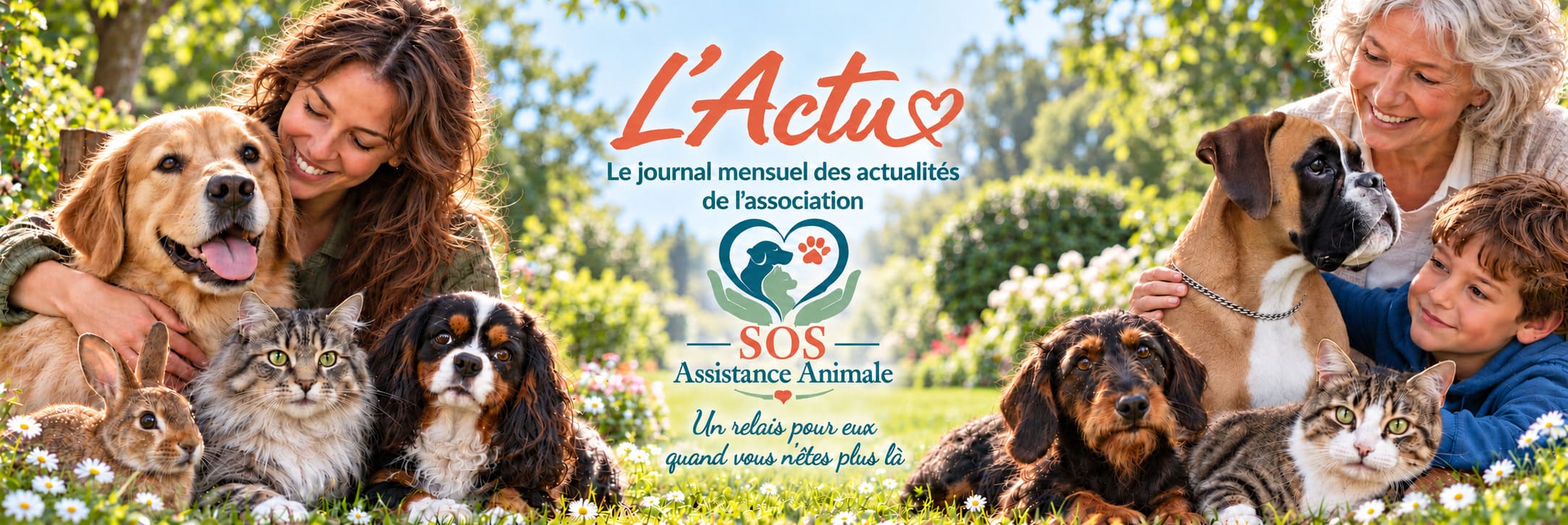 Bannière du journal mensuel L’Actu SOS Assistance Animale, représentant deux femmes et un enfant entourés de chiens, de chats et d’un lapin dans un jardin fleuri. Au centre figurent le titre L’Actu, le logo de l’association et le slogan « Un relais pour eux quand vous n’êtes plus là ».