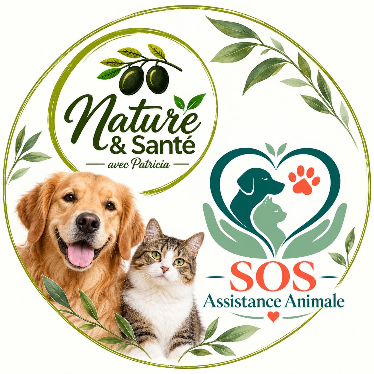 Logo réunissant Nature & Santé avec Patricia et SOS Assistance Animale, une association dédiée à la protection et à la prise en charge des animaux lorsque leur propriétaire est hospitalisé, en perte d’autonomie, en fin de vie ou décédé. Un visuel associant nature, bien-être, entraide et protection animale.