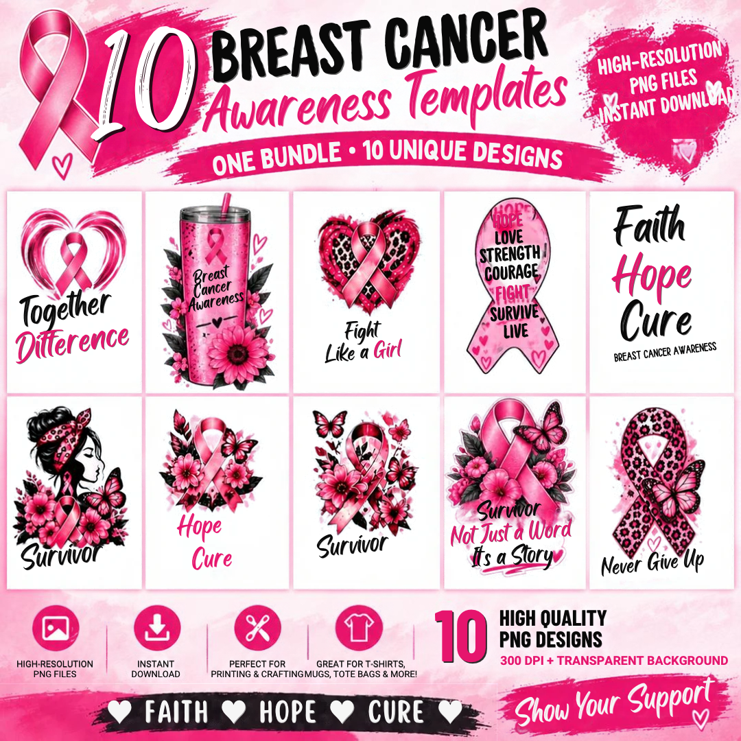 Breast cancer awareness PNG bundle featuring pink ribbons, flowers, butterflies and inspirational messages