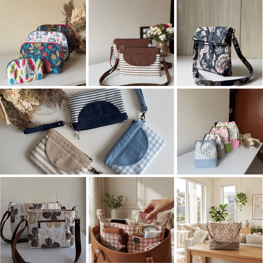 Eight advanced beginner bag sewing patterns made up in different fabrics