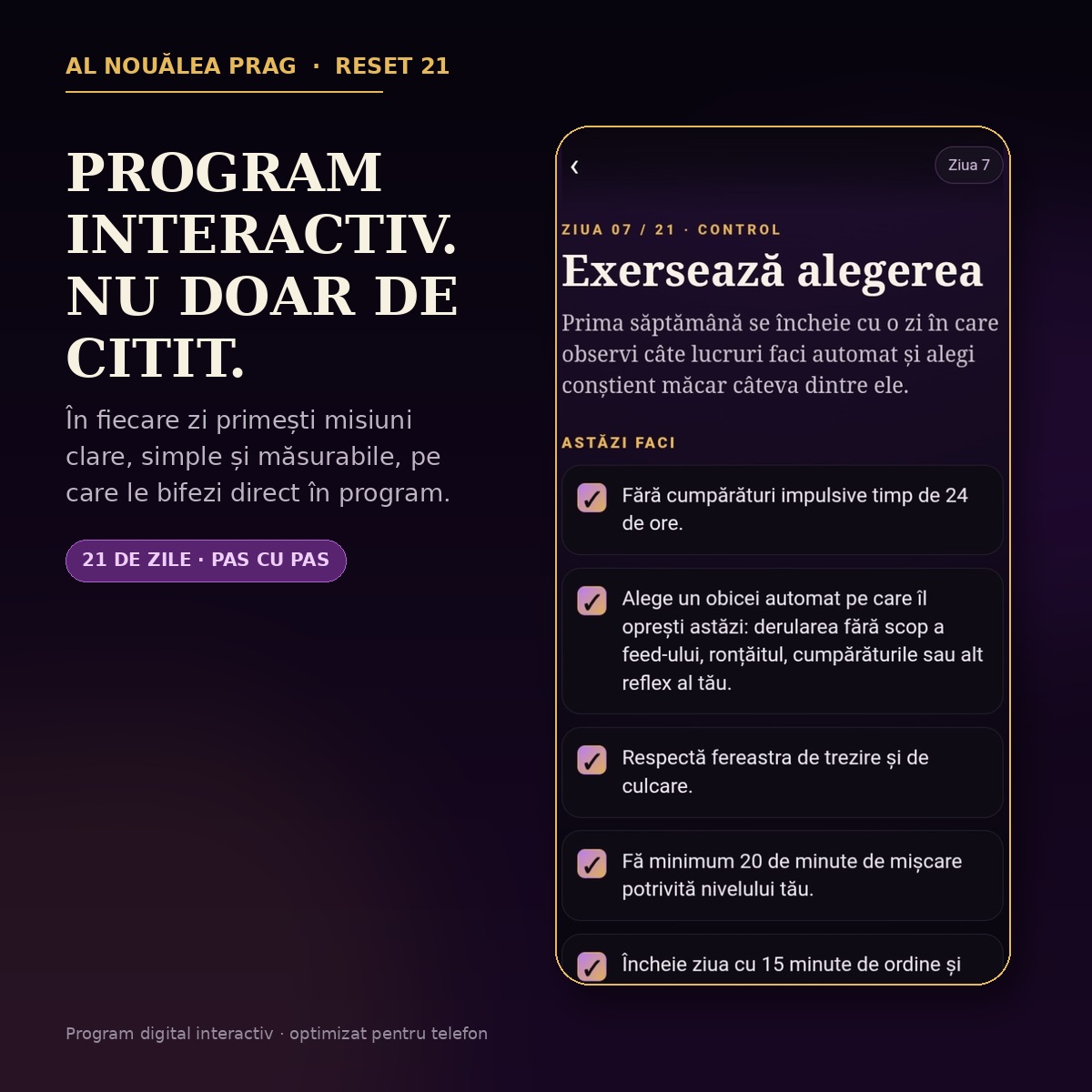 RESET 21 - program digital interactiv de 21 de zile pentru disciplină, obiceiuri și controlul rutinei
