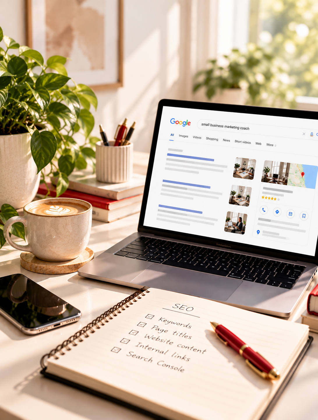 Small business SEO and search visibility workspace showing Google search on a laptop with notebook, coffee and planning tools.