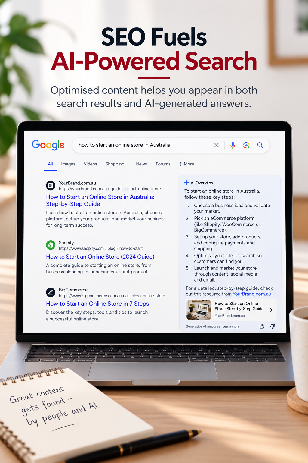 Laptop showing a search results page and an AI-generated answer, representing how SEO supports AI-powered search