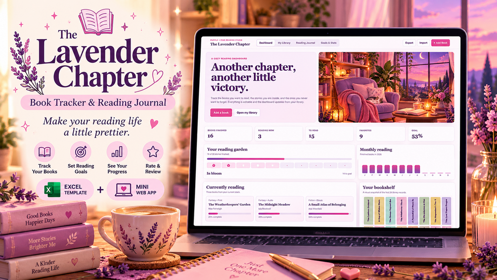 The Lavender Chapter browser reading app showing book library, reading progress, ratings, favorites, and reviews