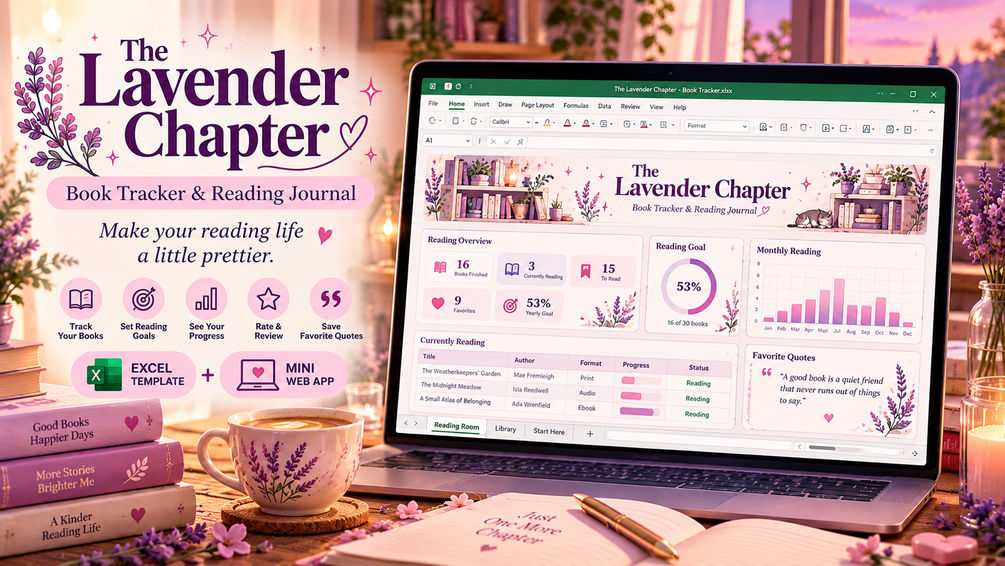 The Lavender Chapter digital reading tracker showing visual bookshelf, reading garden, favorite quotes, and reading statistics