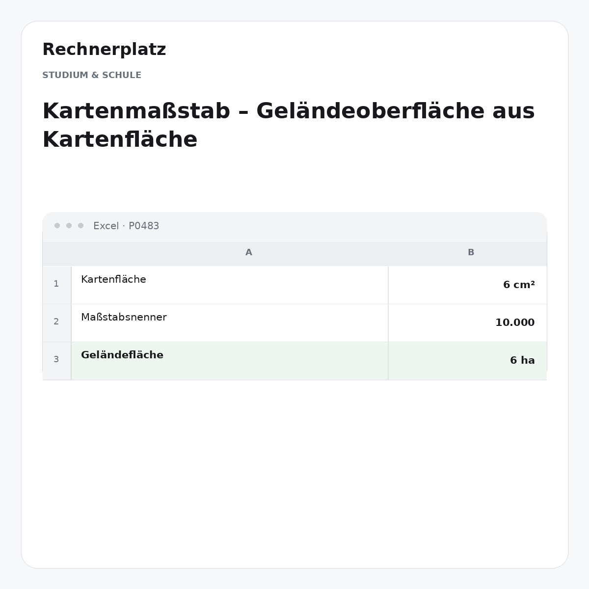 Rechnerplatz – Kartenmaßstab – Geländeoberfläche aus Kartenfläche, Excel-Übersicht mit Eingaben und Ergebnis.