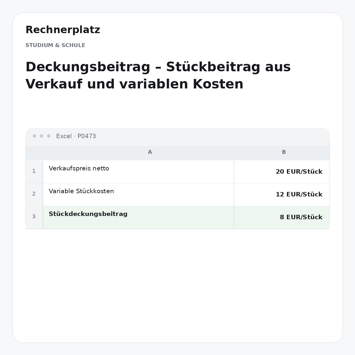 Rechnerplatz – Deckungsbeitrag – Stückbeitrag aus Verkauf und variablen Kosten, Excel-Übersicht mit Eingaben und Ergebnis.