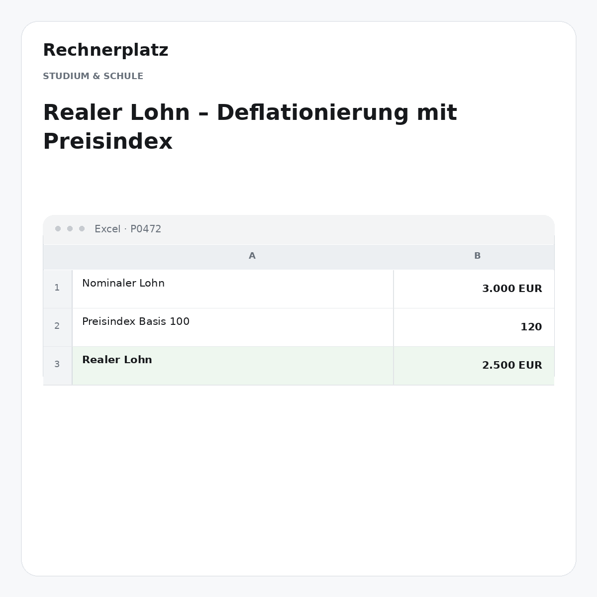 Rechnerplatz – Realer Lohn – Deflationierung mit Preisindex, Excel-Übersicht mit Eingaben und Ergebnis.