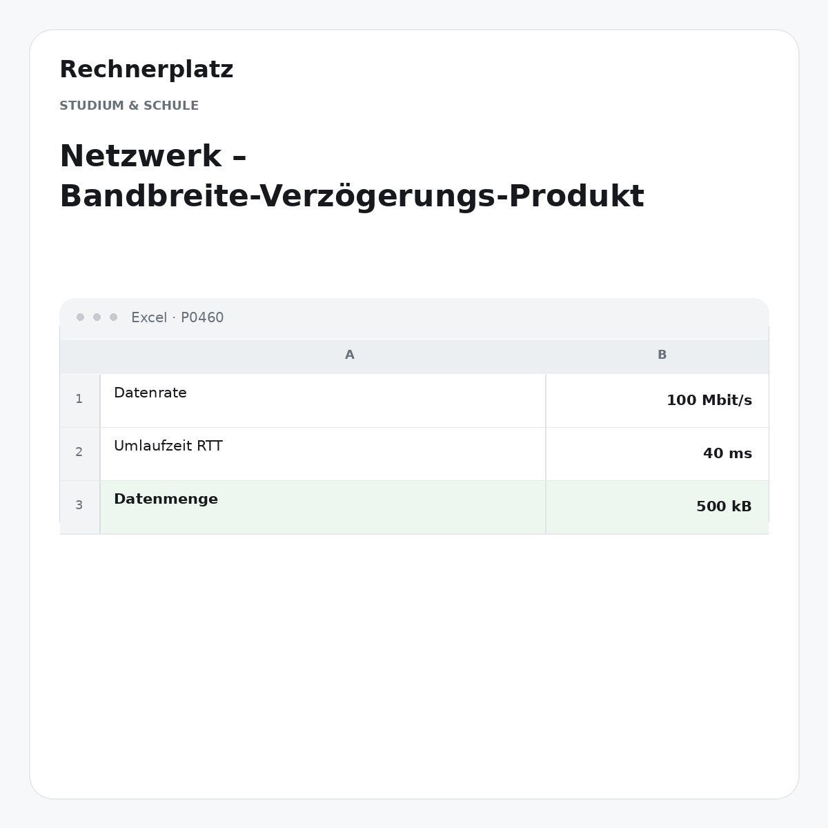 Rechnerplatz – Netzwerk – Bandbreite-Verzögerungs-Produkt, Excel-Übersicht mit Eingaben und Ergebnis.