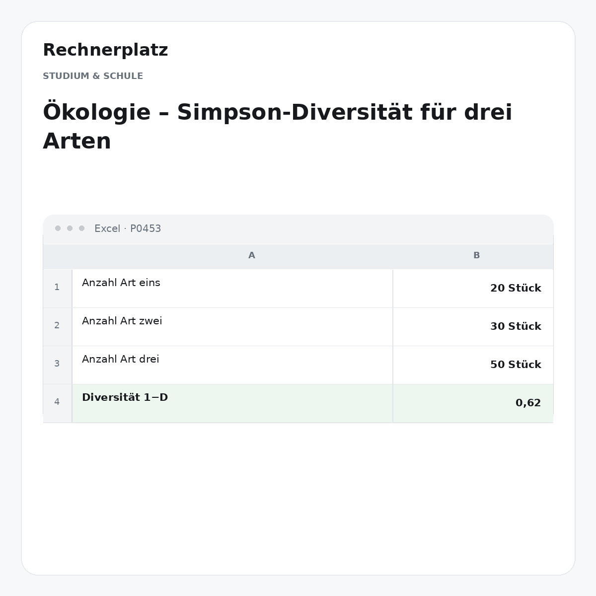 Rechnerplatz – Ökologie – Simpson-Diversität für drei Arten, Excel-Übersicht mit Eingaben und Ergebnis.