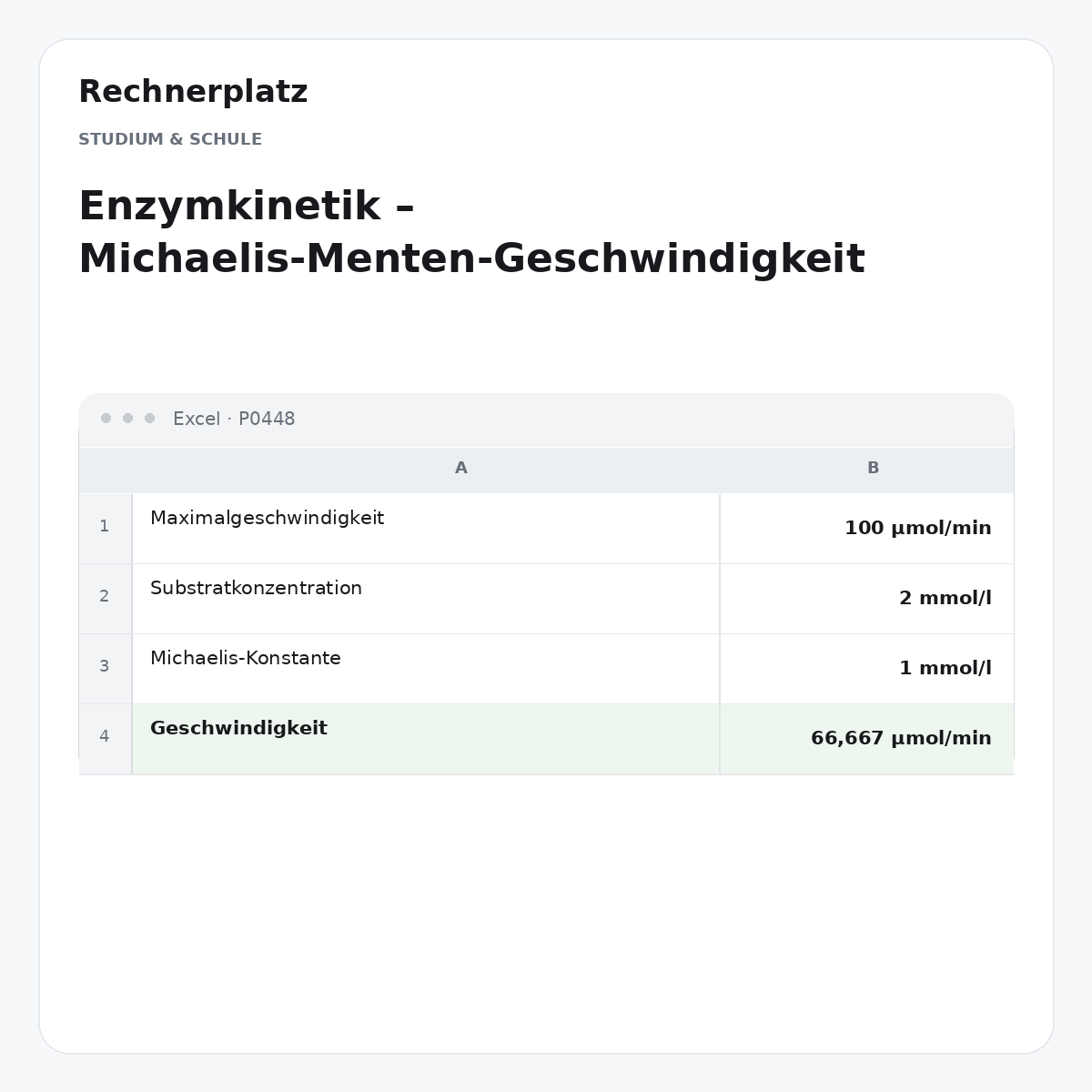Rechnerplatz – Enzymkinetik – Michaelis-Menten-Geschwindigkeit, Excel-Übersicht mit Eingaben und Ergebnis.