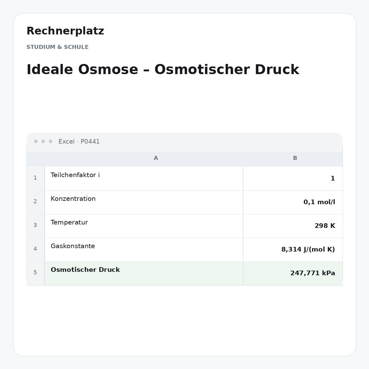 Rechnerplatz – Ideale Osmose – Osmotischer Druck, Excel-Übersicht mit Eingaben und Ergebnis.