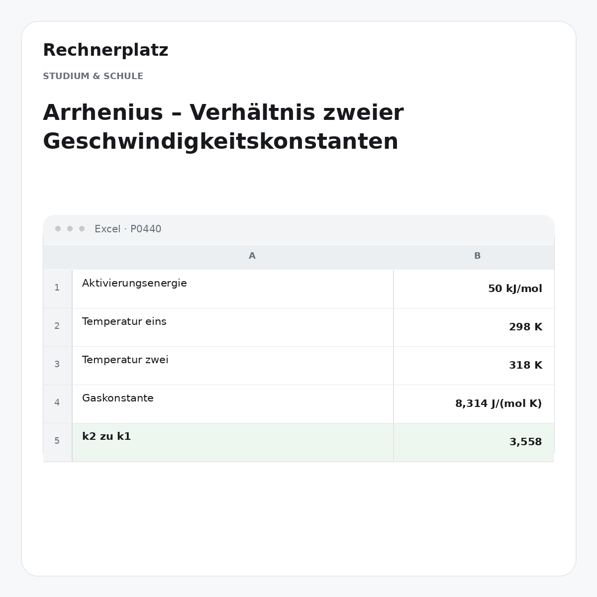 Rechnerplatz – Arrhenius – Verhältnis zweier Geschwindigkeitskonstanten, Excel-Übersicht mit Eingaben und Ergebnis.
