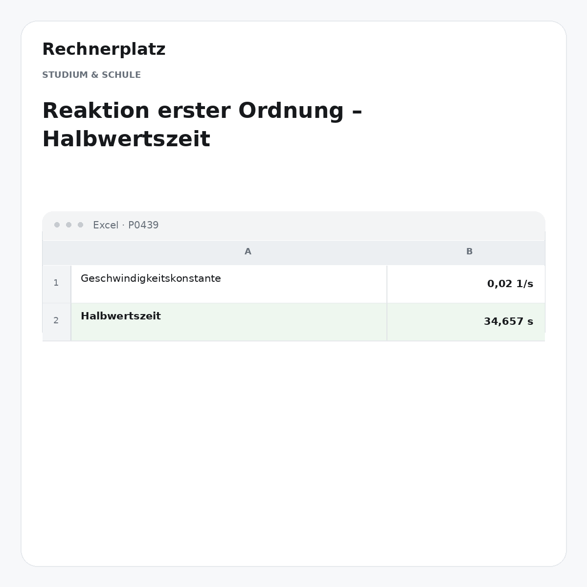 Rechnerplatz – Reaktion erster Ordnung – Halbwertszeit, Excel-Übersicht mit Eingaben und Ergebnis.