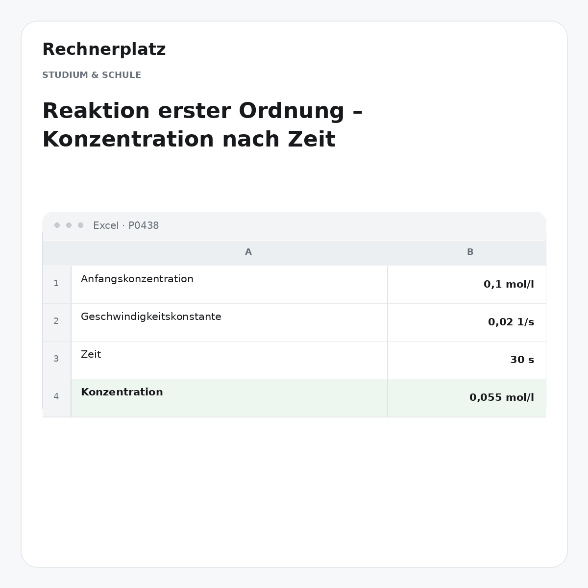 Rechnerplatz – Reaktion erster Ordnung – Konzentration nach Zeit, Excel-Übersicht mit Eingaben und Ergebnis.