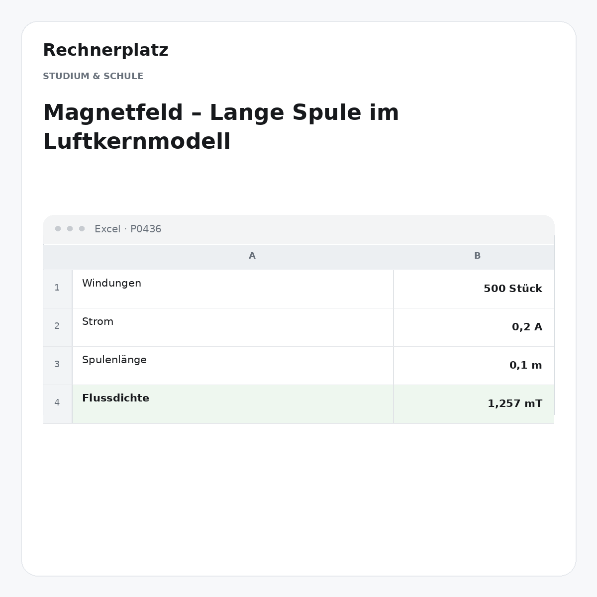 Rechnerplatz – Magnetfeld – Lange Spule im Luftkernmodell, Excel-Übersicht mit Eingaben und Ergebnis.