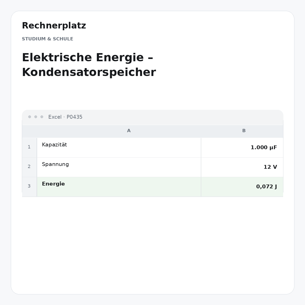 Rechnerplatz – Elektrische Energie – Kondensatorspeicher, Excel-Übersicht mit Eingaben und Ergebnis.
