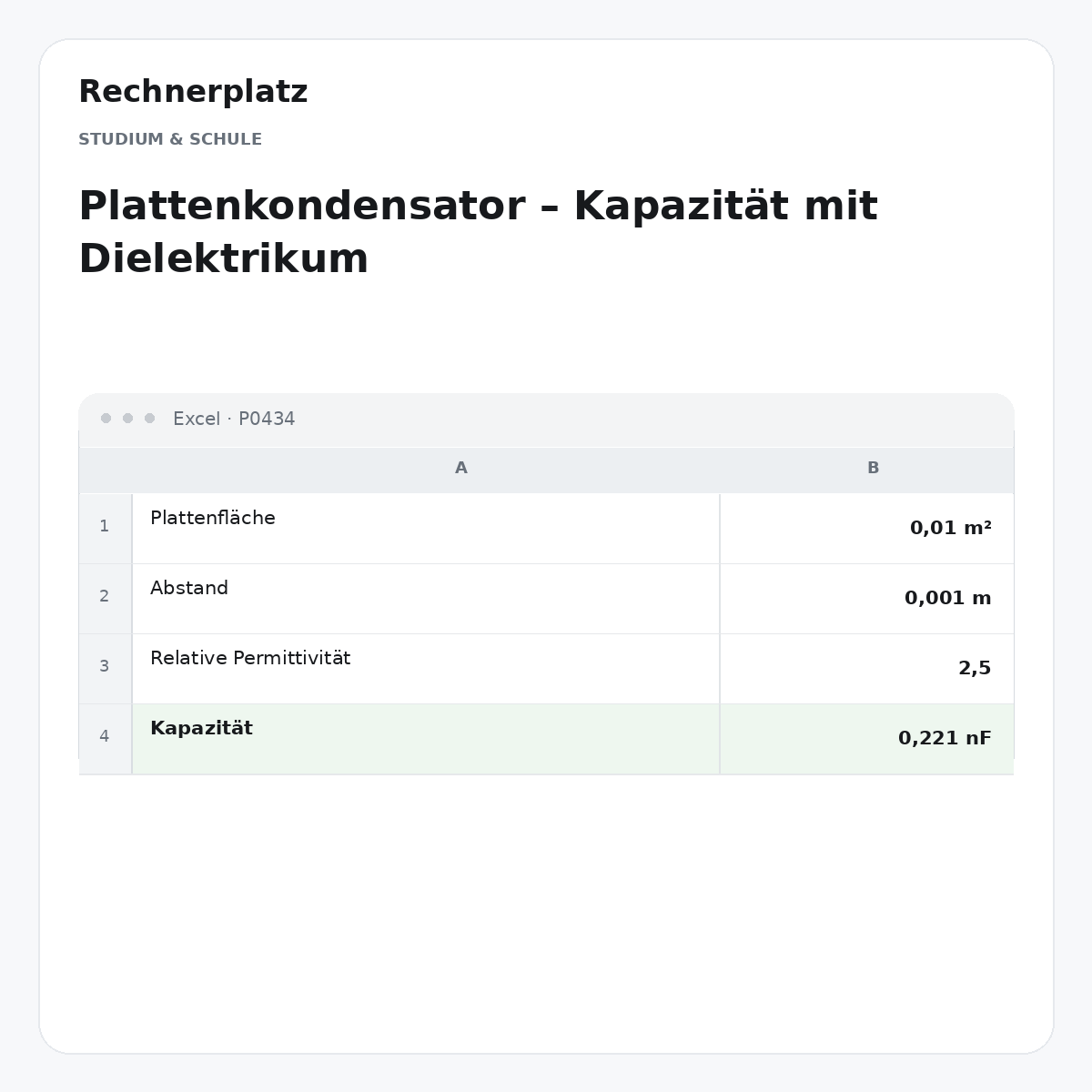 Rechnerplatz – Plattenkondensator – Kapazität mit Dielektrikum, Excel-Übersicht mit Eingaben und Ergebnis.