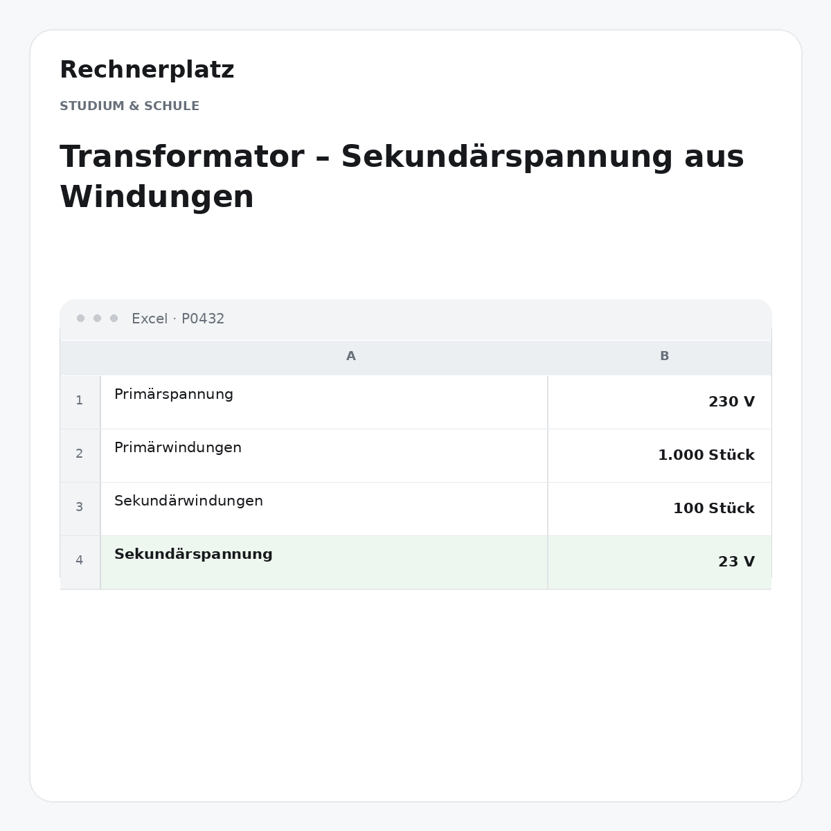 Rechnerplatz – Transformator – Sekundärspannung aus Windungen, Excel-Übersicht mit Eingaben und Ergebnis.