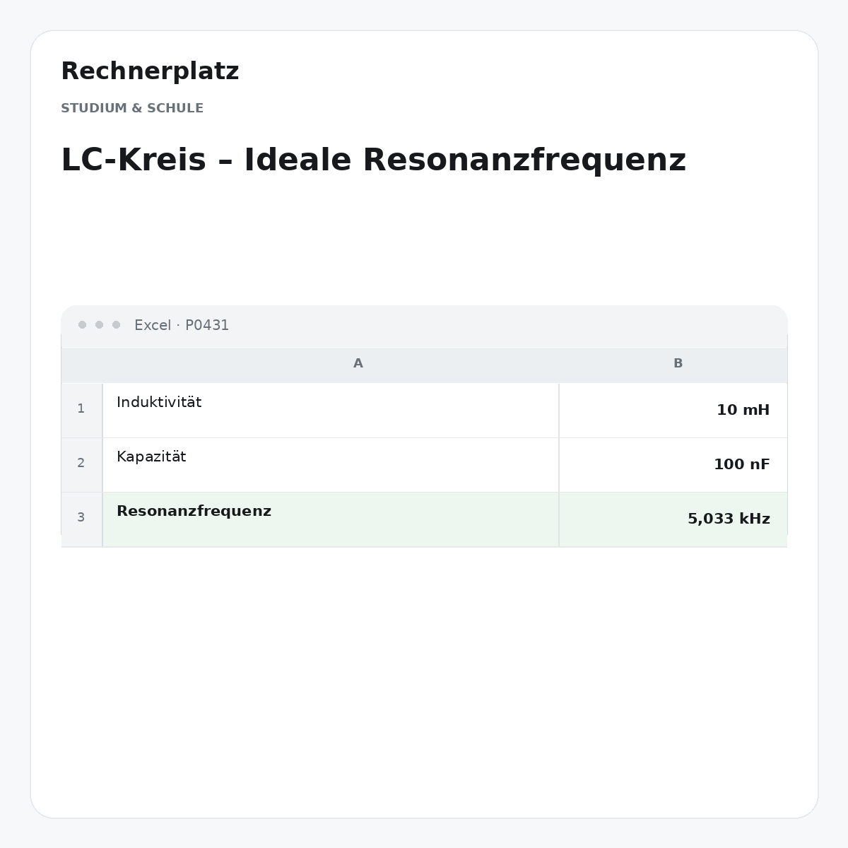 Rechnerplatz – LC-Kreis – Ideale Resonanzfrequenz, Excel-Übersicht mit Eingaben und Ergebnis.