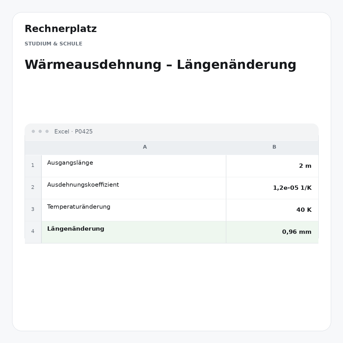 Rechnerplatz – Wärmeausdehnung – Längenänderung, Excel-Übersicht mit Eingaben und Ergebnis.