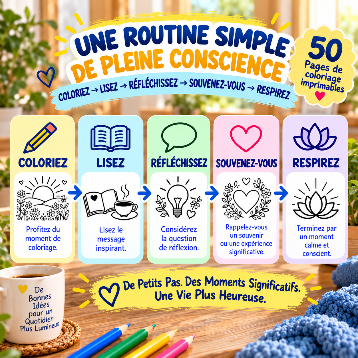 Routine de pleine conscience pour adultes et seniors, colorier, lire, réfléchir, se souvenir et respirer
