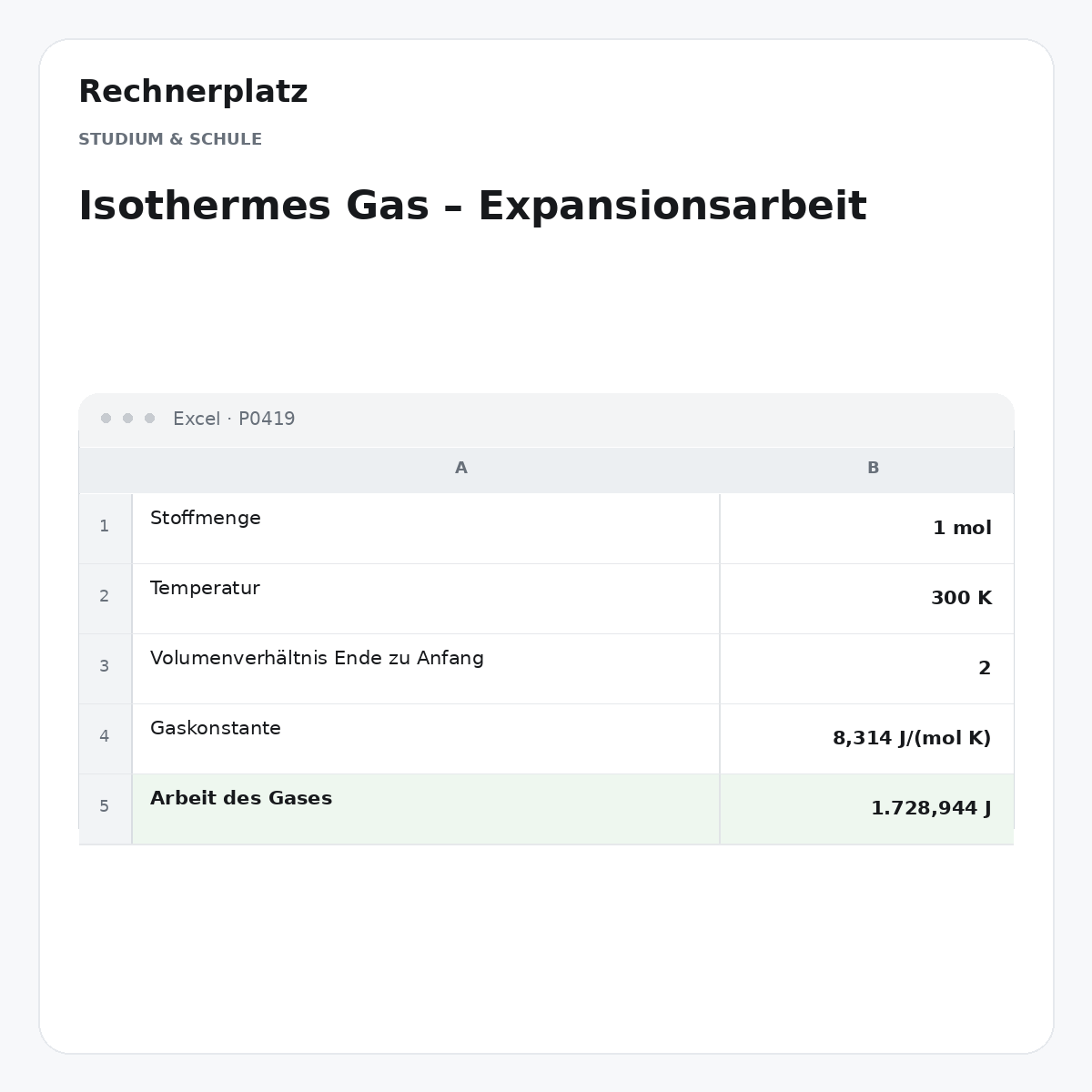 Rechnerplatz – Isothermes Gas – Expansionsarbeit, Excel-Übersicht mit Eingaben und Ergebnis.