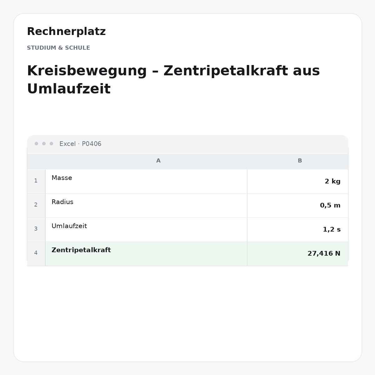 Rechnerplatz – Kreisbewegung – Zentripetalkraft aus Umlaufzeit, Excel-Übersicht mit Eingaben und Ergebnis.
