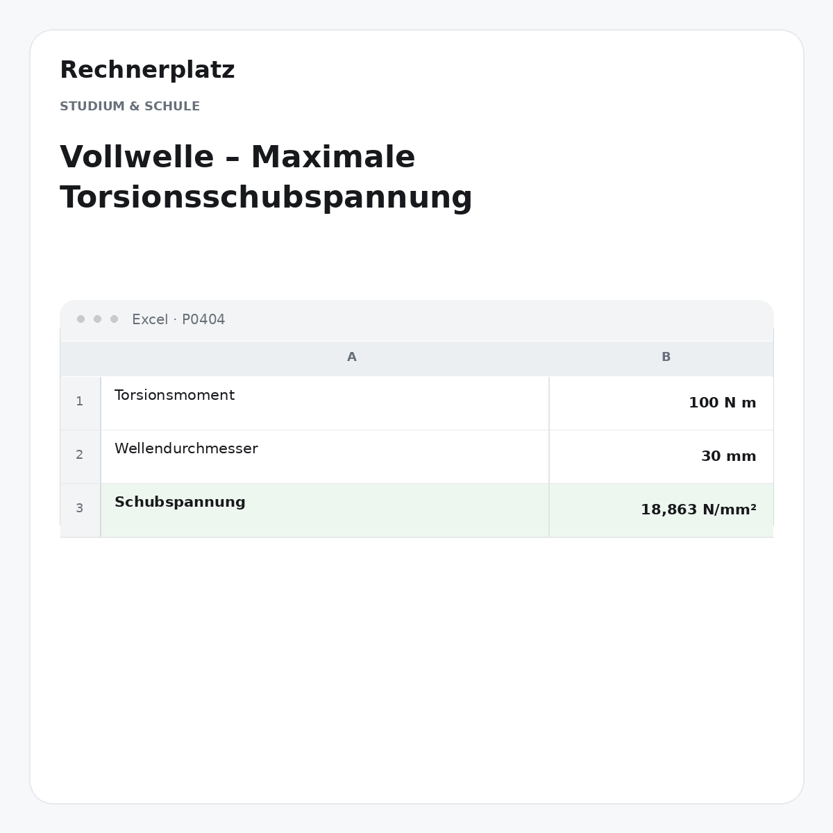 Rechnerplatz – Vollwelle – Maximale Torsionsschubspannung, Excel-Übersicht mit Eingaben und Ergebnis.