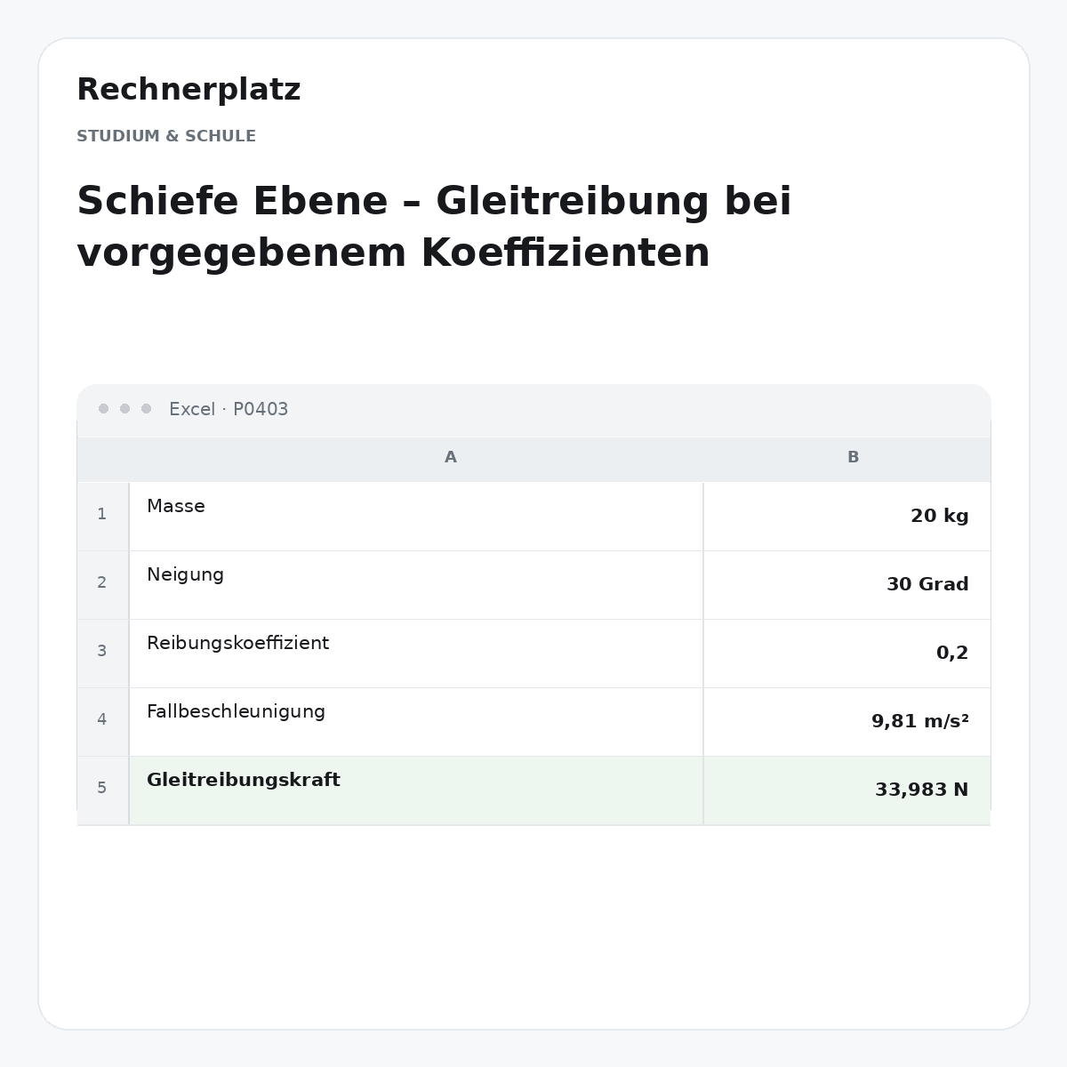 Rechnerplatz – Schiefe Ebene – Gleitreibung bei vorgegebenem Koeffizienten, Excel-Übersicht mit Eingaben und Ergebnis.