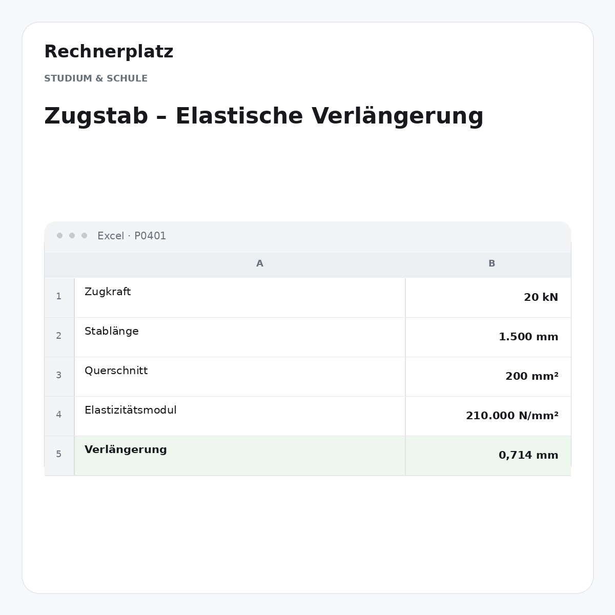 Rechnerplatz – Zugstab – Elastische Verlängerung, Excel-Übersicht mit Eingaben und Ergebnis.