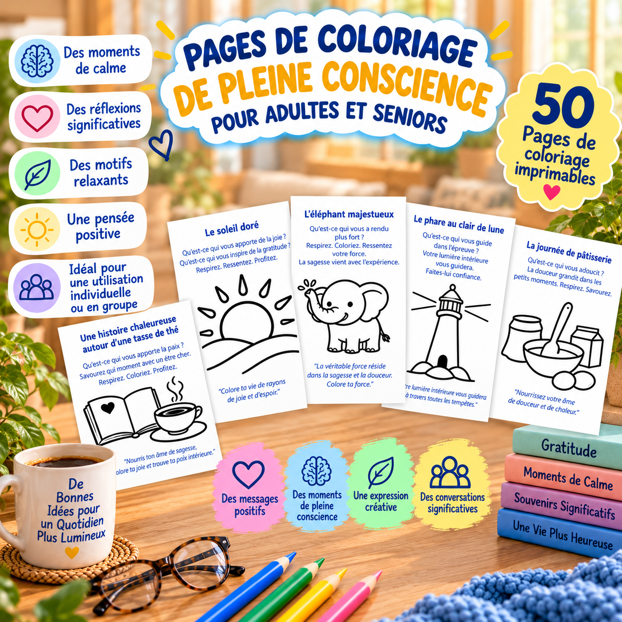 GRATUIT | Coloriage de pleine conscience imprimable pour adultes et seniors, 50 pages, grands caractères 24 pt