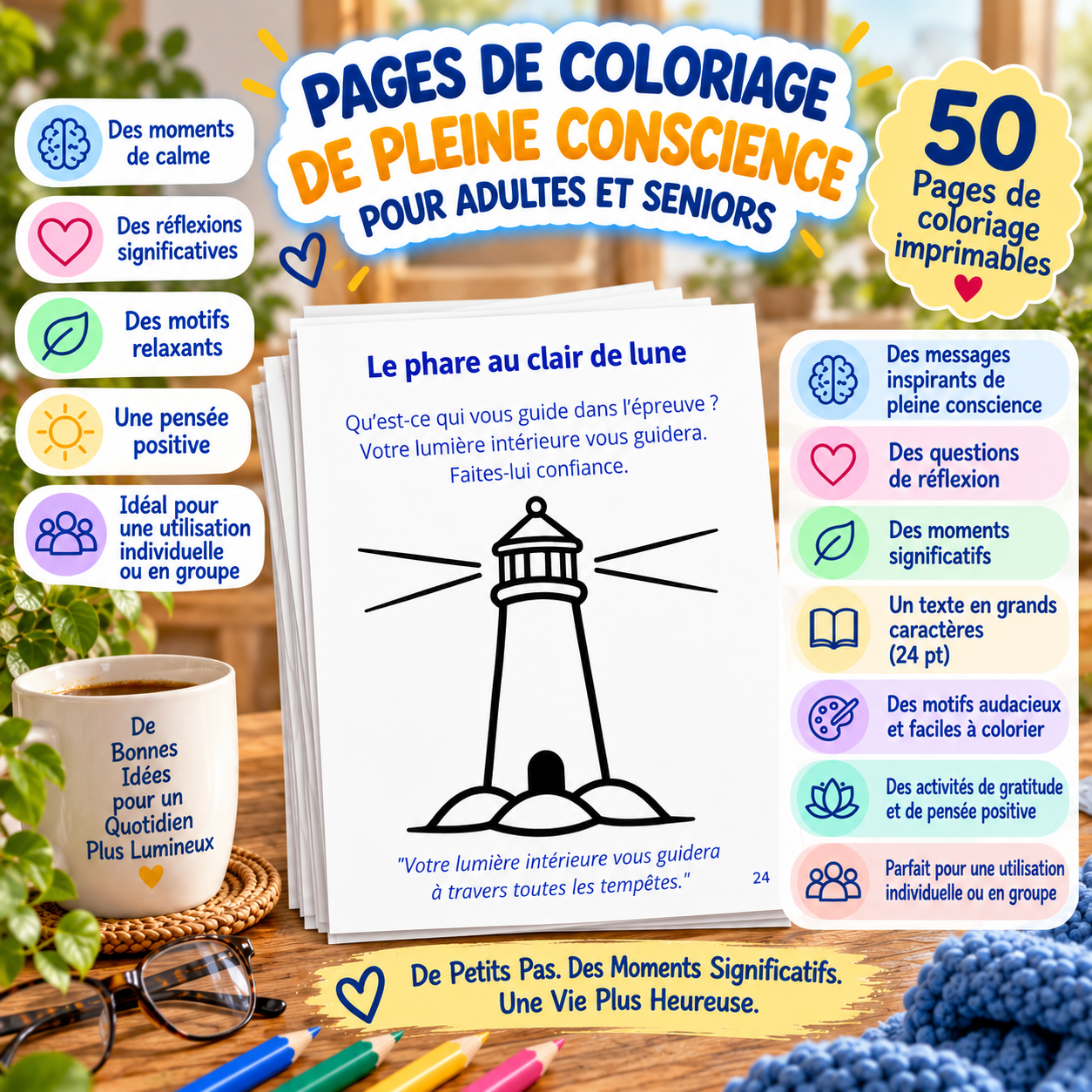 GRATUIT | Pages de coloriage relaxantes pour adultes et seniors avec messages inspirants, gratitude et réflexion