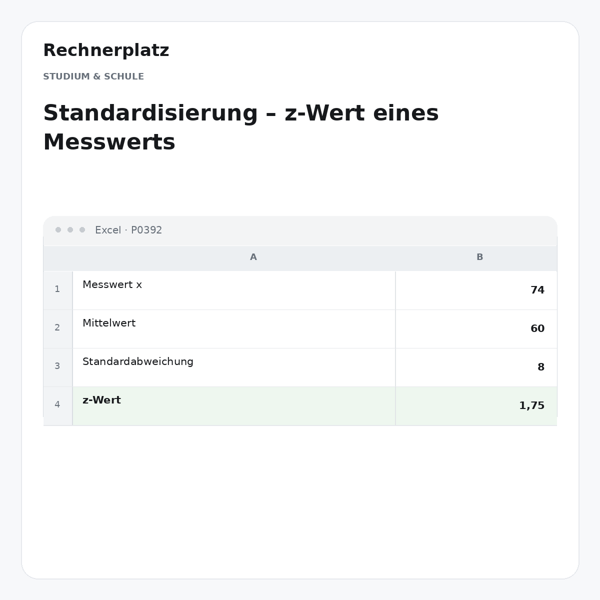 Rechnerplatz – Standardisierung – z-Wert eines Messwerts, Excel-Übersicht mit Eingaben und Ergebnis.