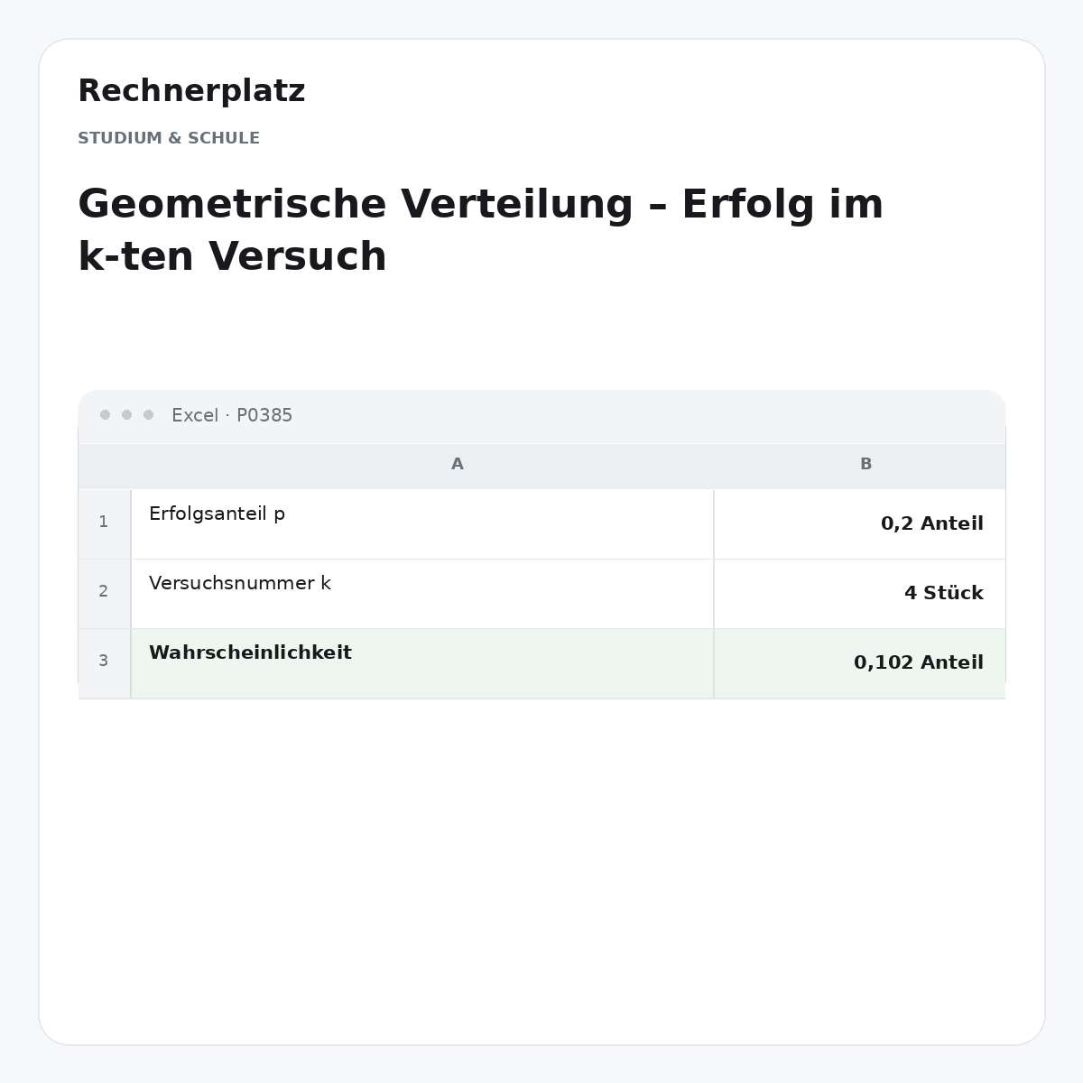 Rechnerplatz – Geometrische Verteilung – Erfolg im k-ten Versuch, Excel-Übersicht mit Eingaben und Ergebnis.