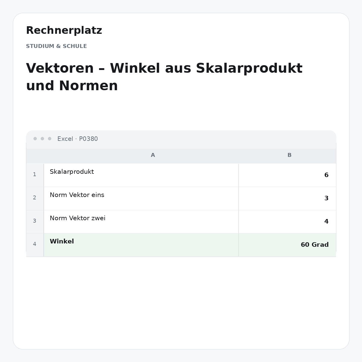 Rechnerplatz – Vektoren – Winkel aus Skalarprodukt und Normen, Excel-Übersicht mit Eingaben und Ergebnis.