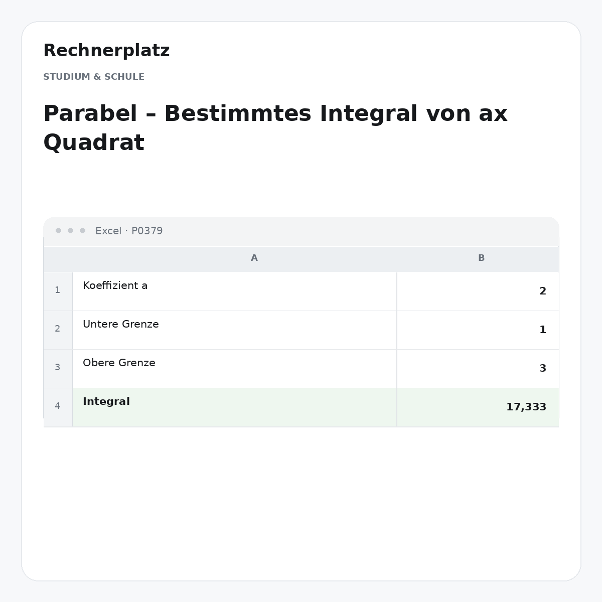 Rechnerplatz – Parabel – Bestimmtes Integral von ax Quadrat, Excel-Übersicht mit Eingaben und Ergebnis.