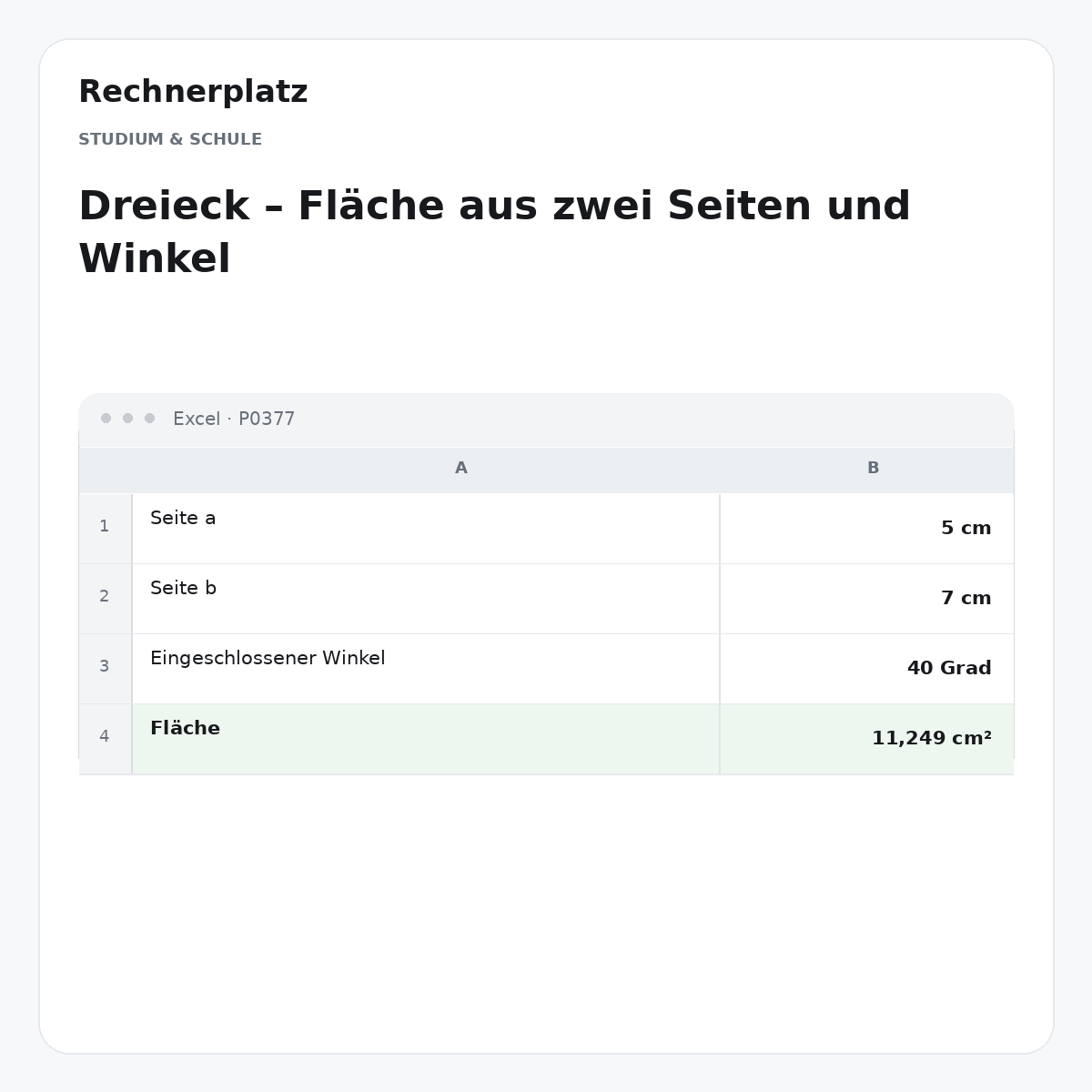 Rechnerplatz – Dreieck – Fläche aus zwei Seiten und Winkel, Excel-Übersicht mit Eingaben und Ergebnis.