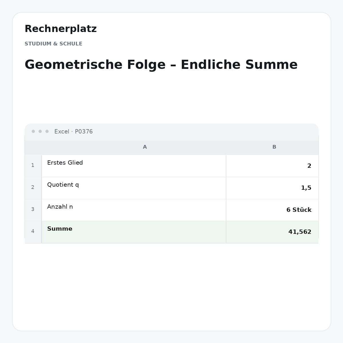Rechnerplatz – Geometrische Folge – Endliche Summe, Excel-Übersicht mit Eingaben und Ergebnis.