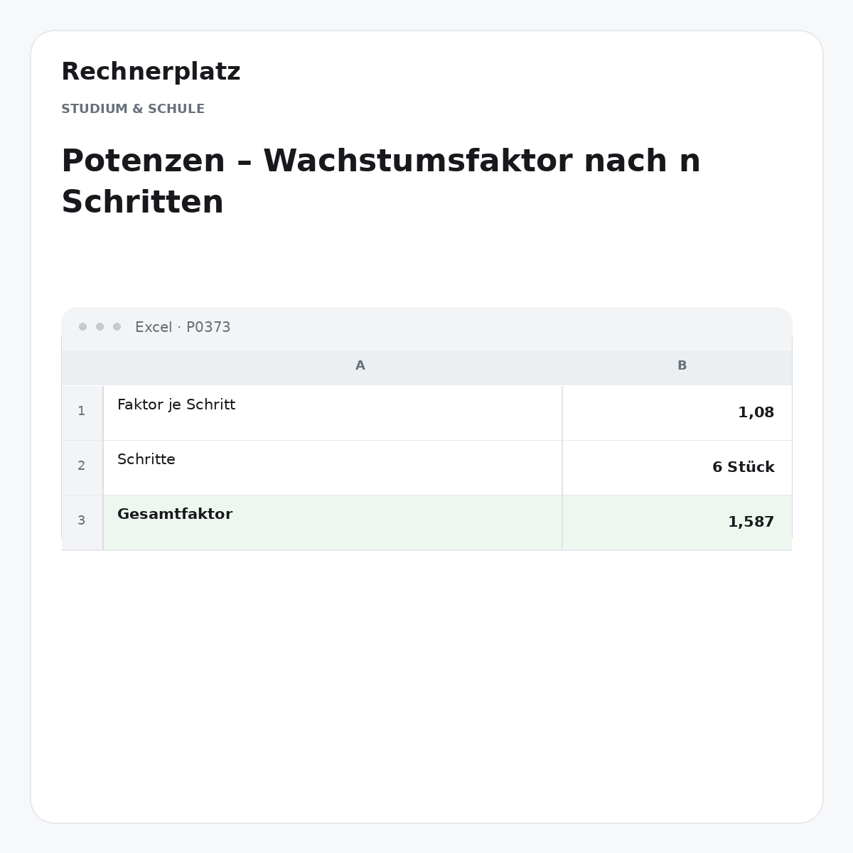 Rechnerplatz – Potenzen – Wachstumsfaktor nach n Schritten, Excel-Übersicht mit Eingaben und Ergebnis.