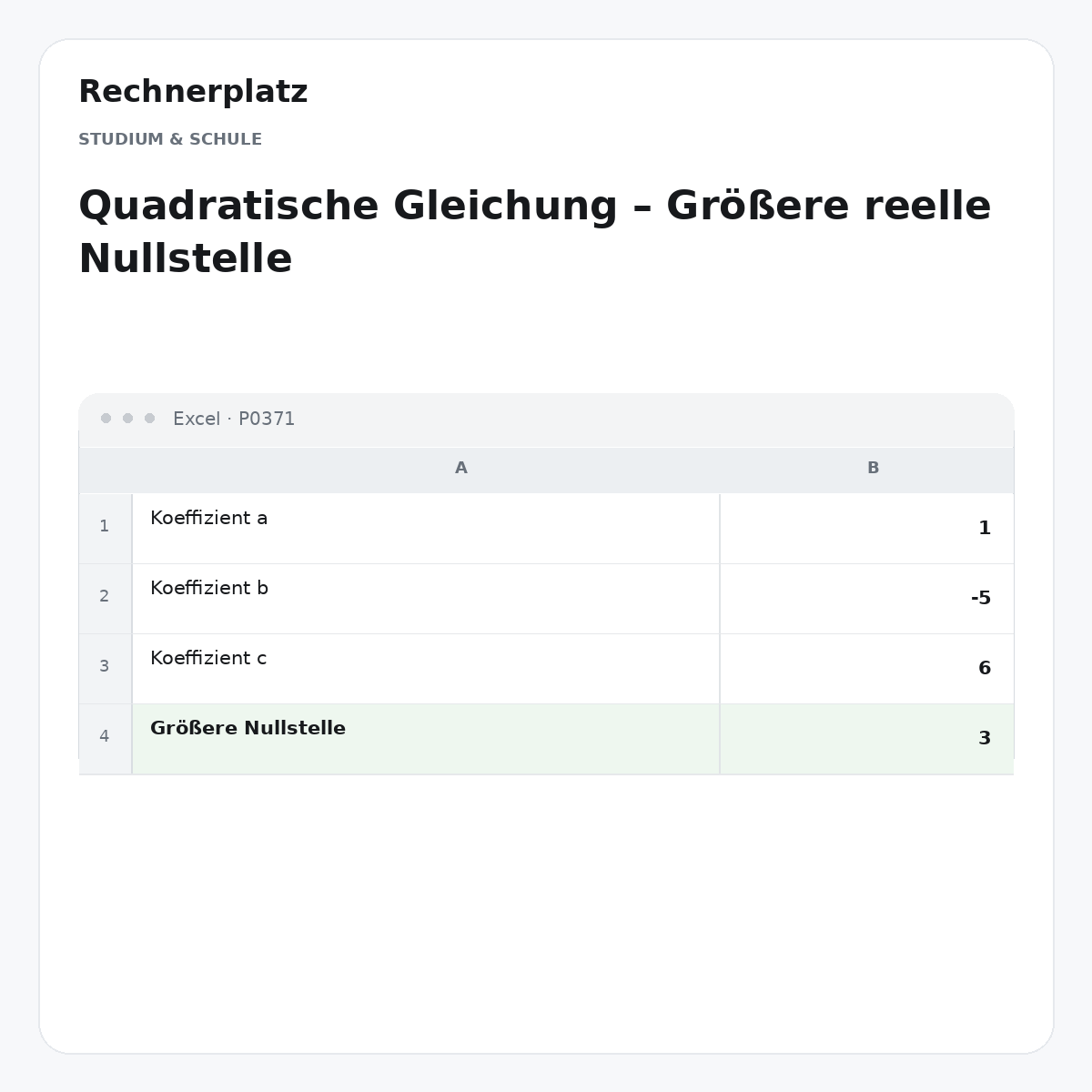 Rechnerplatz – Quadratische Gleichung – Größere reelle Nullstelle, Excel-Übersicht mit Eingaben und Ergebnis.
