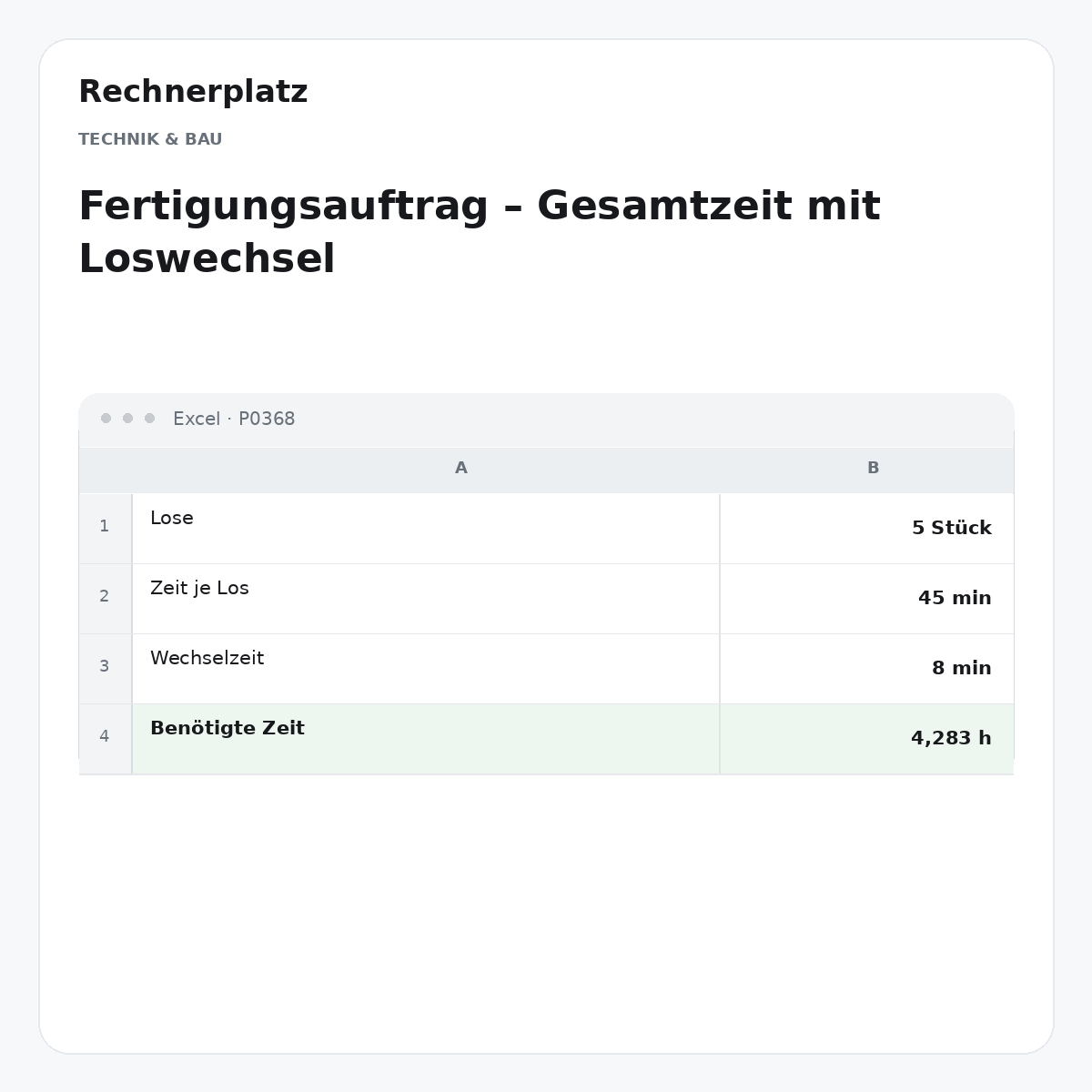 Rechnerplatz – Fertigungsauftrag – Gesamtzeit mit Loswechsel, Excel-Übersicht mit Eingaben und Ergebnis.