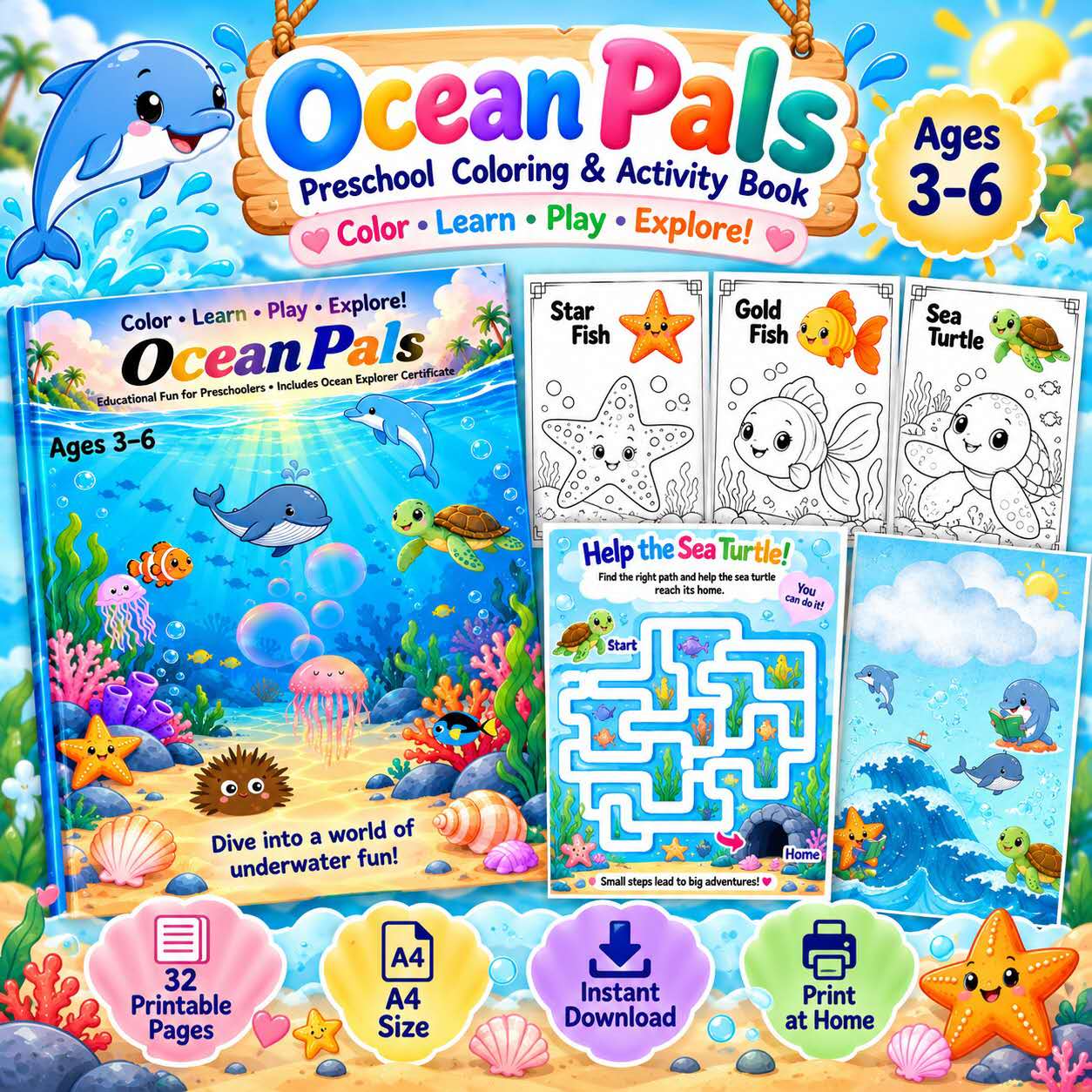 Ocean animals coloring book for kids ages 3 to 6 printable PDF cover