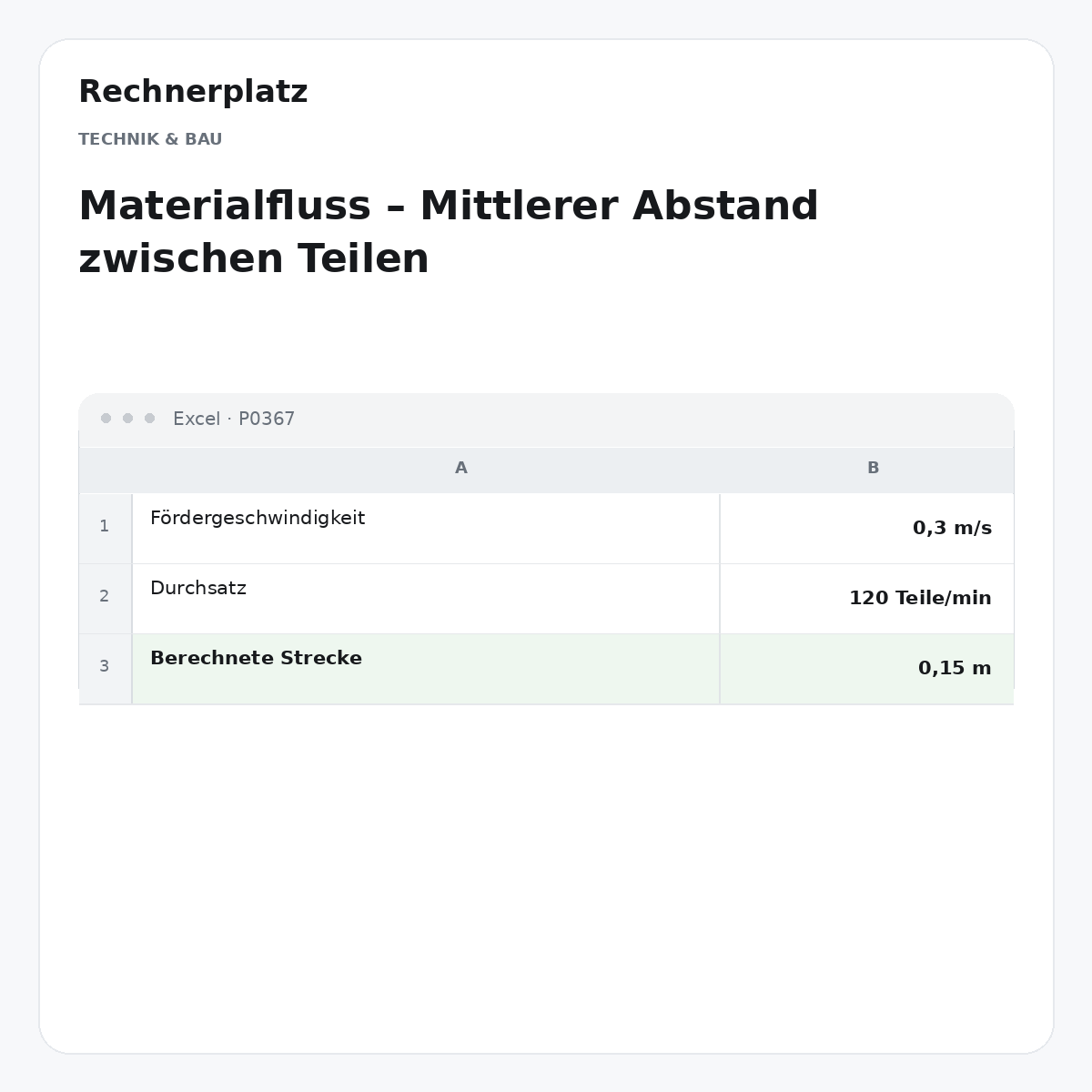 Rechnerplatz – Materialfluss – Mittlerer Abstand zwischen Teilen, Excel-Übersicht mit Eingaben und Ergebnis.