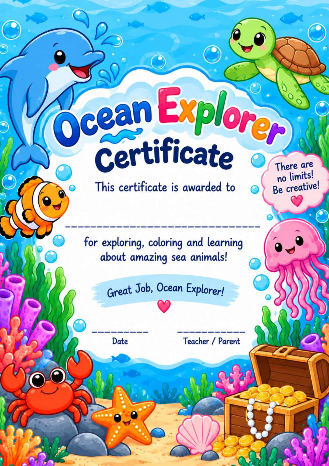 Ocean Explorer Certificate included in printable kids coloring book