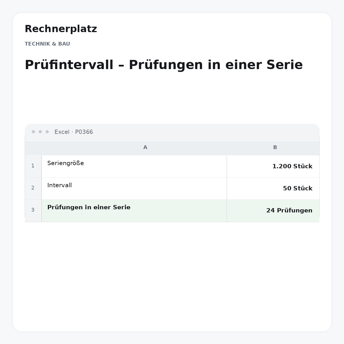 Rechnerplatz – Prüfintervall – Prüfungen in einer Serie, Excel-Übersicht mit Eingaben und Ergebnis.