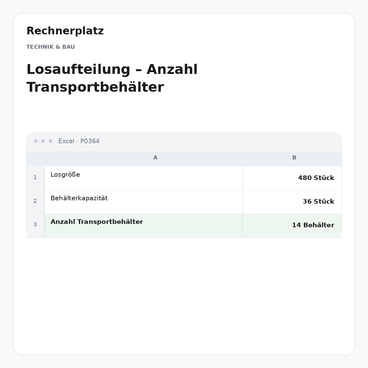 Rechnerplatz – Losaufteilung – Anzahl Transportbehälter, Excel-Übersicht mit Eingaben und Ergebnis.